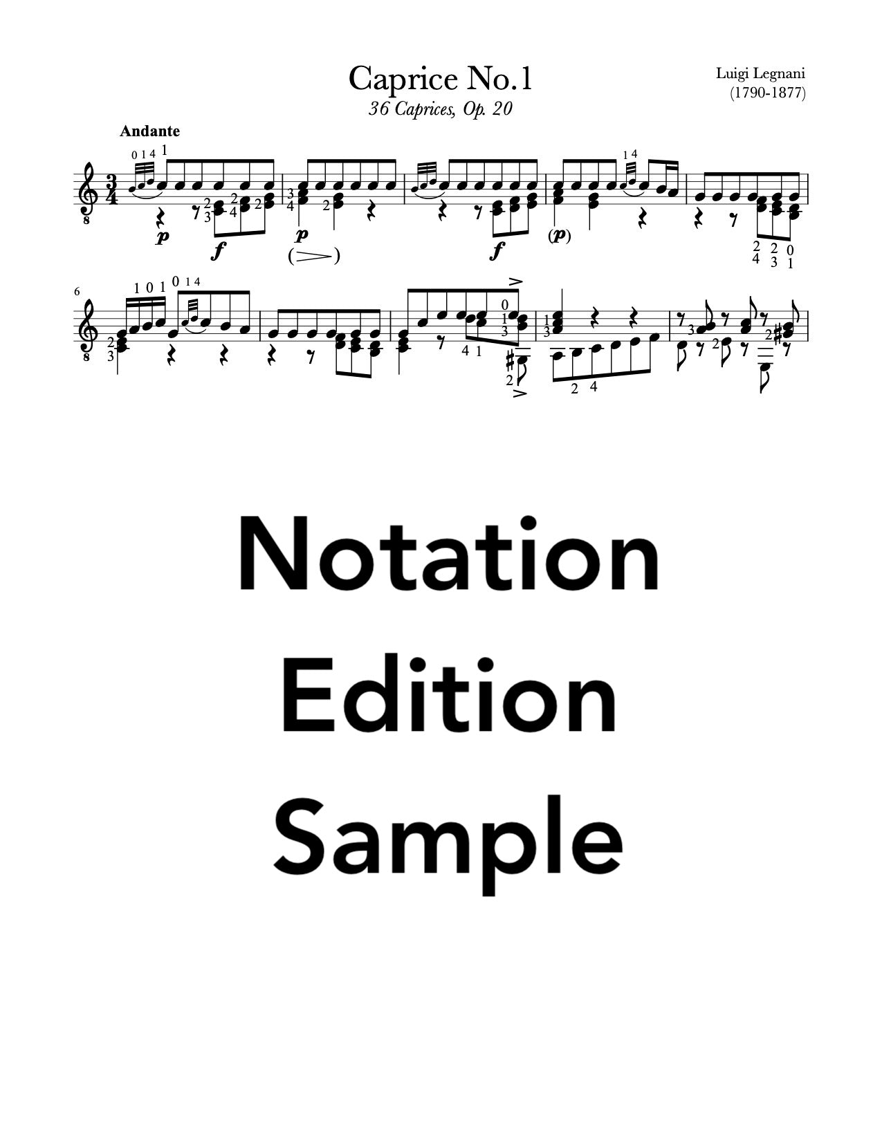 Caprice No.1-4, Op.20 by Legnani - Notation Sample