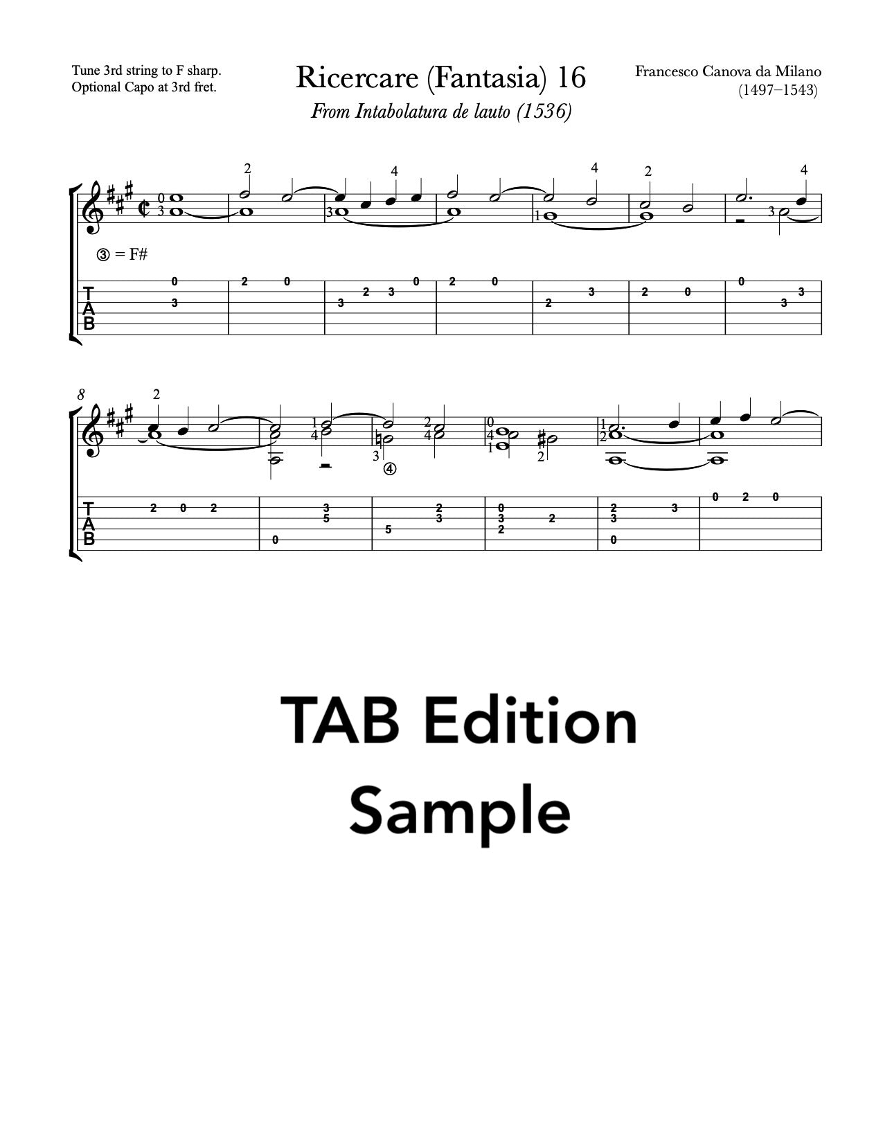 Ricercare (Fantasia) 16 by Francesco da Milano (Tab Sample)