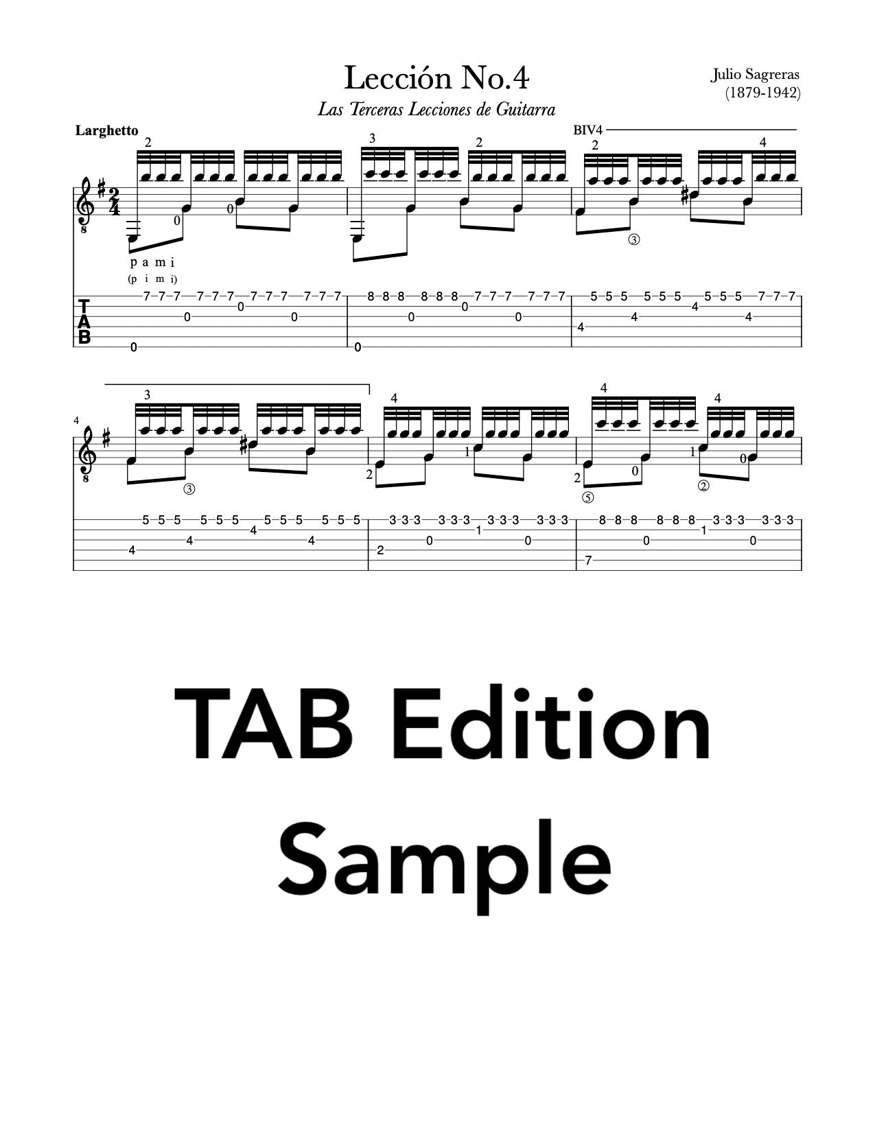 Lección No.4 from Las Terceras Lecciones de Guitarra by Julio Sagreras - TAB Sample for Classical Guitar