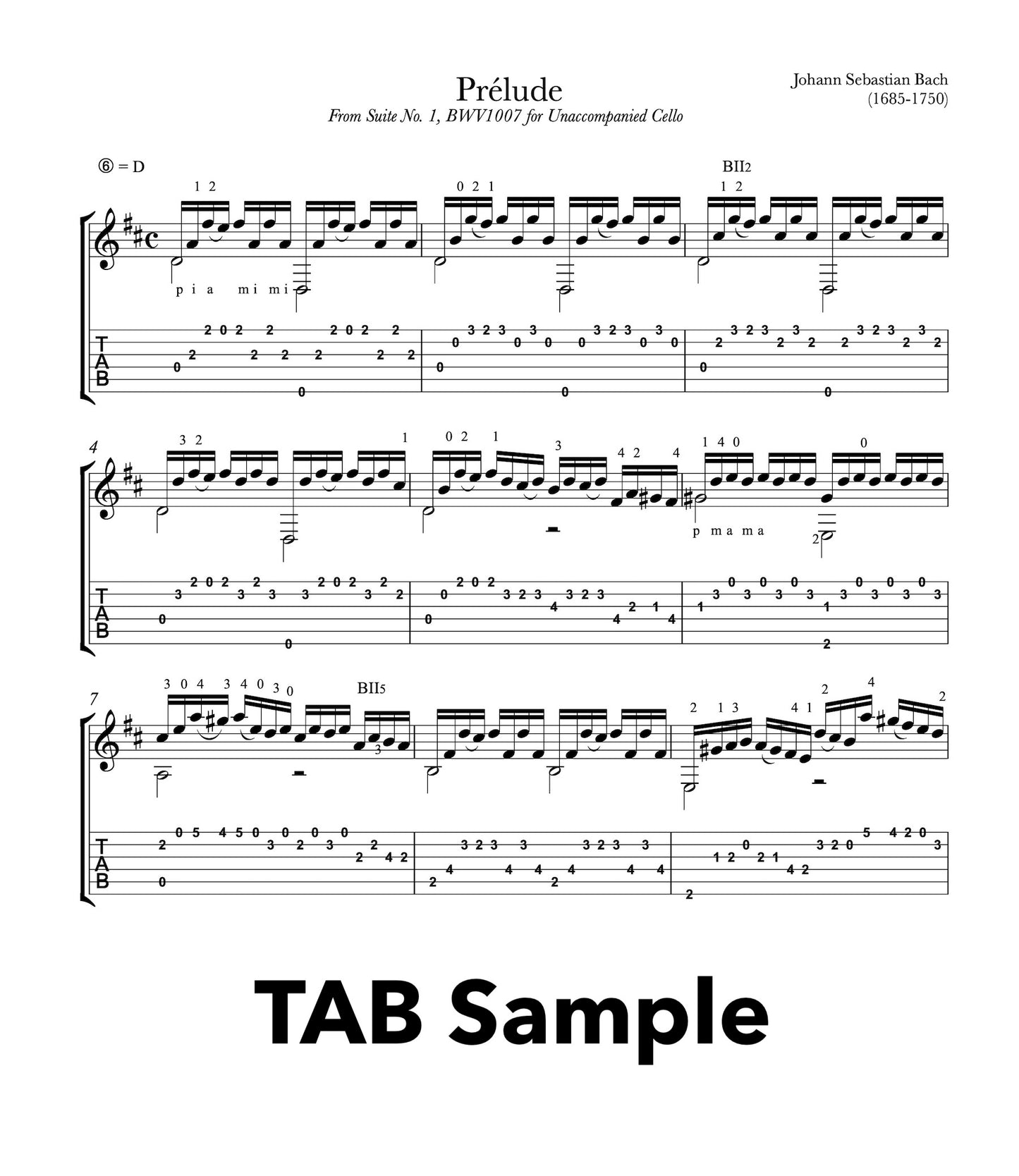 Prelude Cello Suite BWV 1007 for Guitar (TAB Sample))