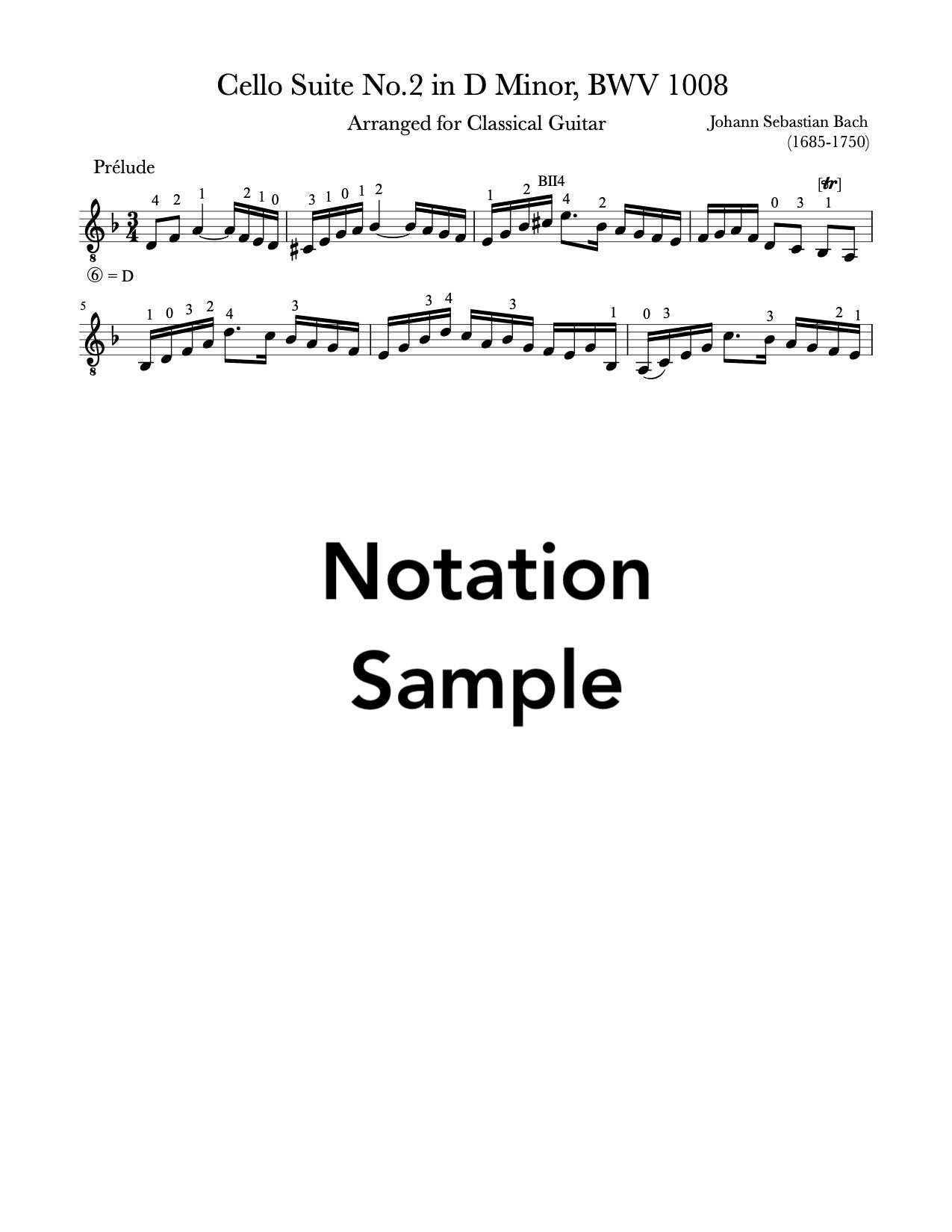 Cello Suite No.2, BWV 1008 by Bach for Guitar (PDF)