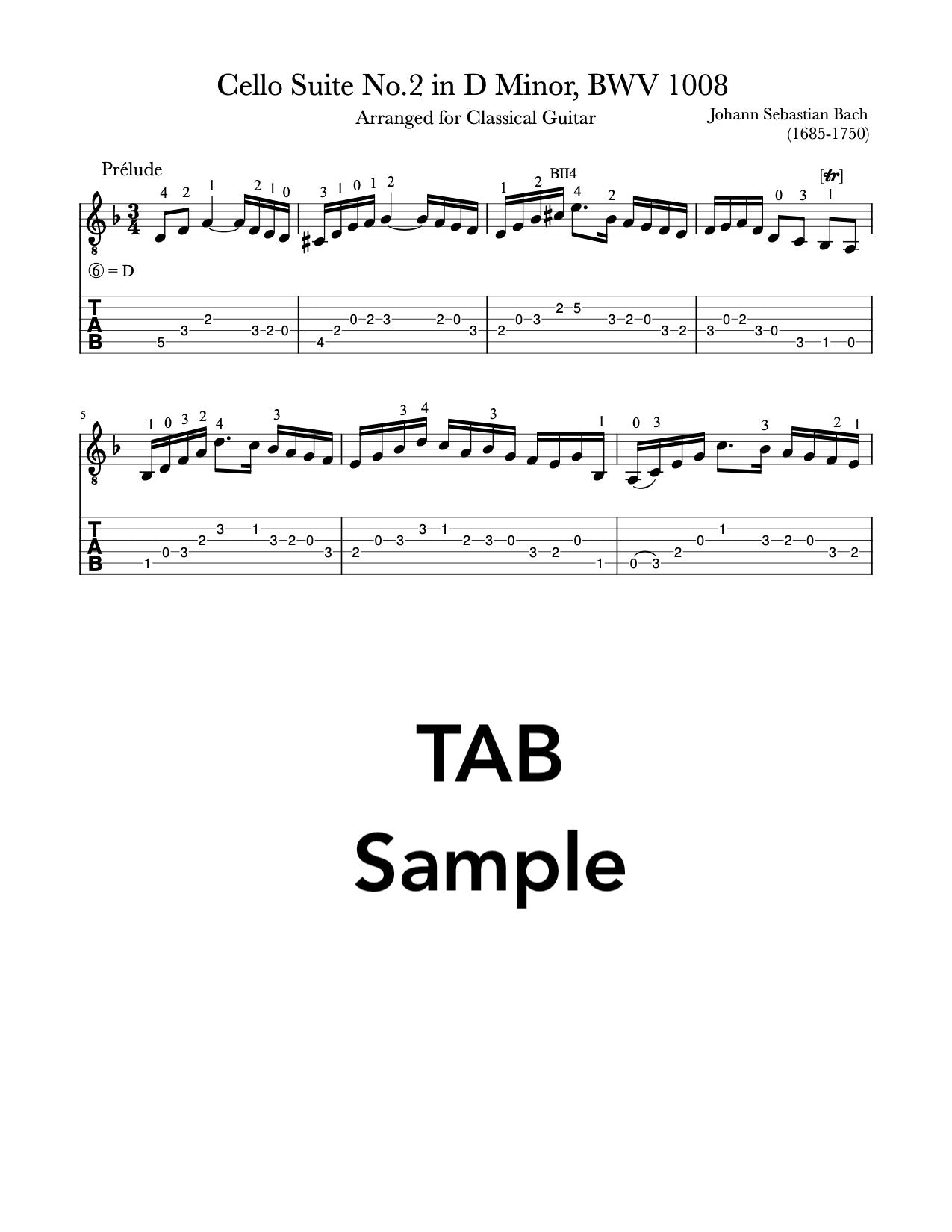 Cello Suite No.2, BWV 1008 by Bach for Guitar (PDF)