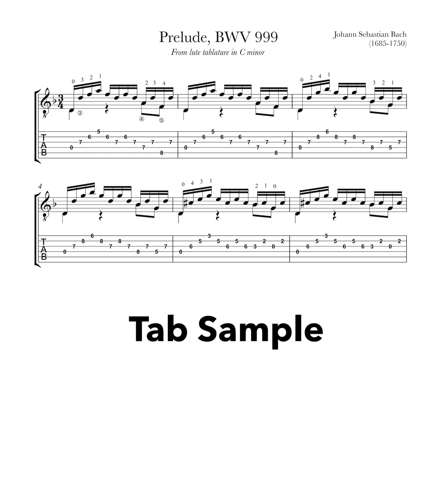 Prelude BWV 999 by Bach for Guitar (TAB Sample)