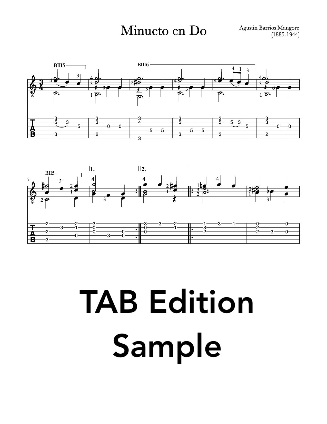 Minueto en Do by Agustin Barrios Mangore - TAB Sample
