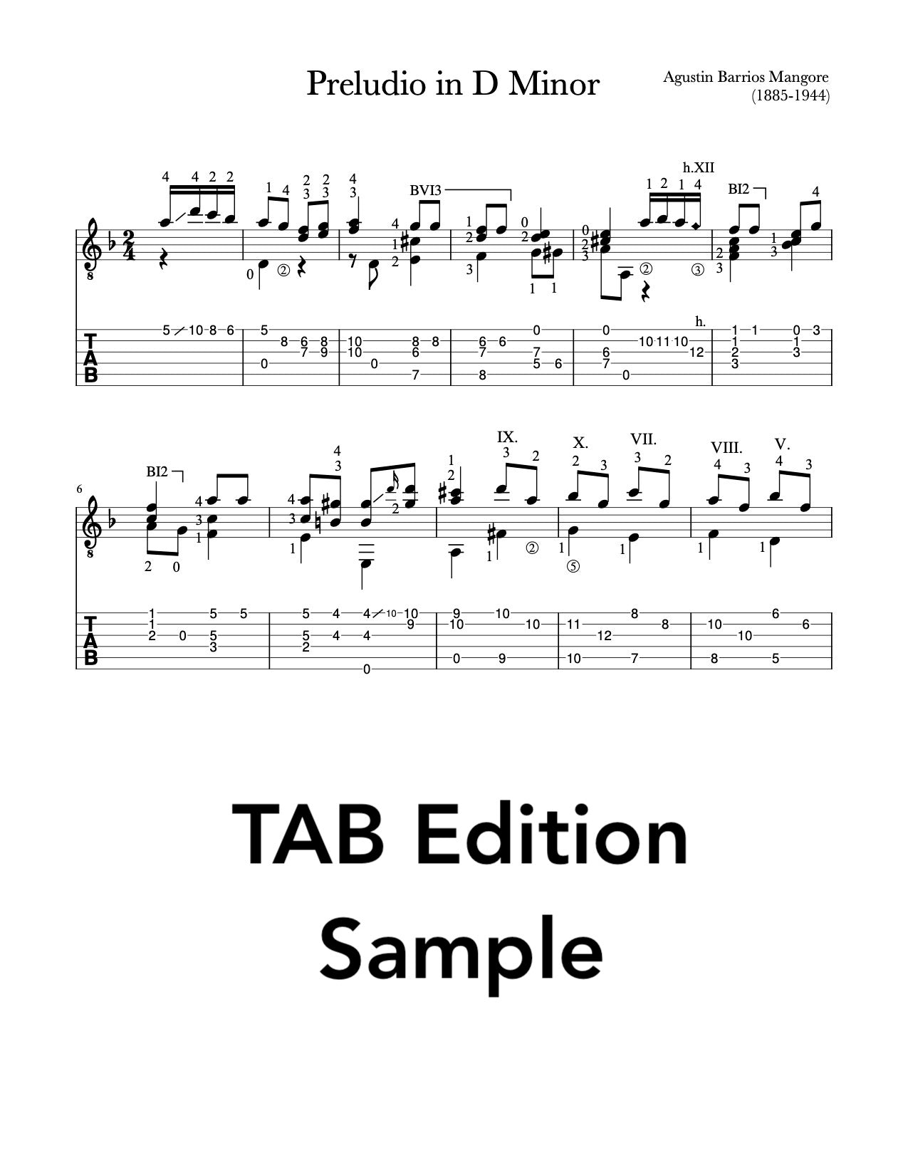 Preludio in D Minor by Barrios (Tab Sample)
