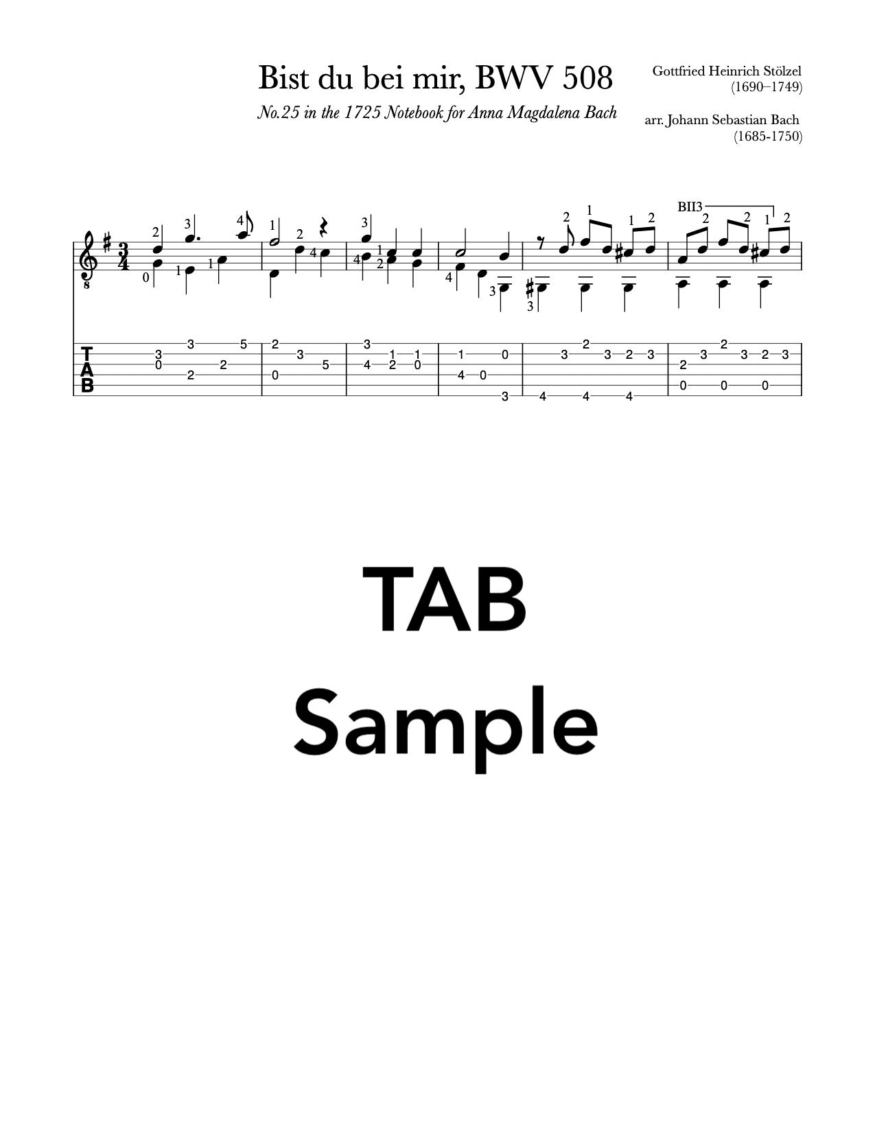 Bist du bei mir (Be thou with me) by Bach-Stölzel for Guitar (TAB Sample)