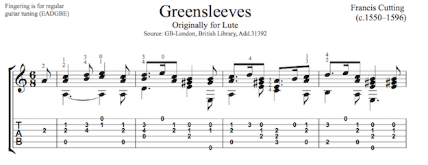 Greensleeves by Francis Cutting - Tab Sample