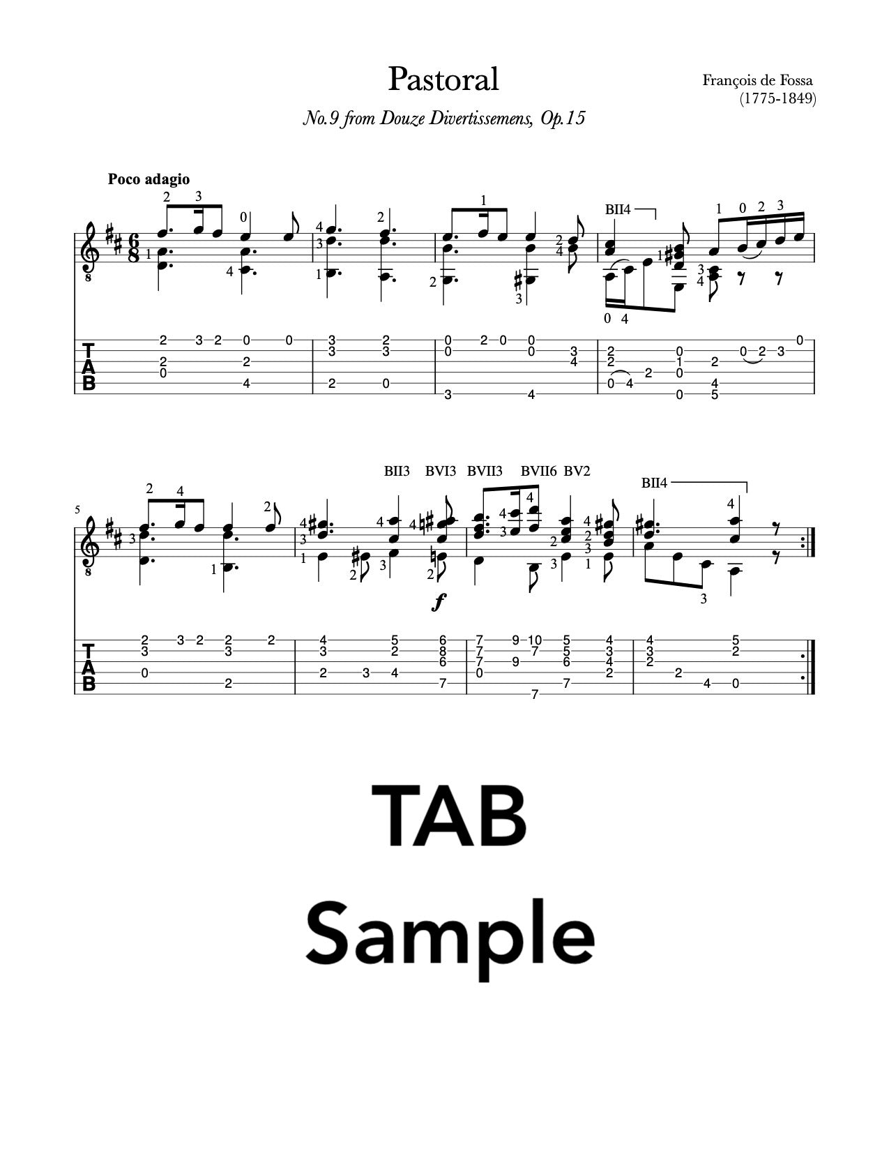 Pastoral, No.9 from Douze Divertissemens, Op.15 by François de Fossa - Tab Sample