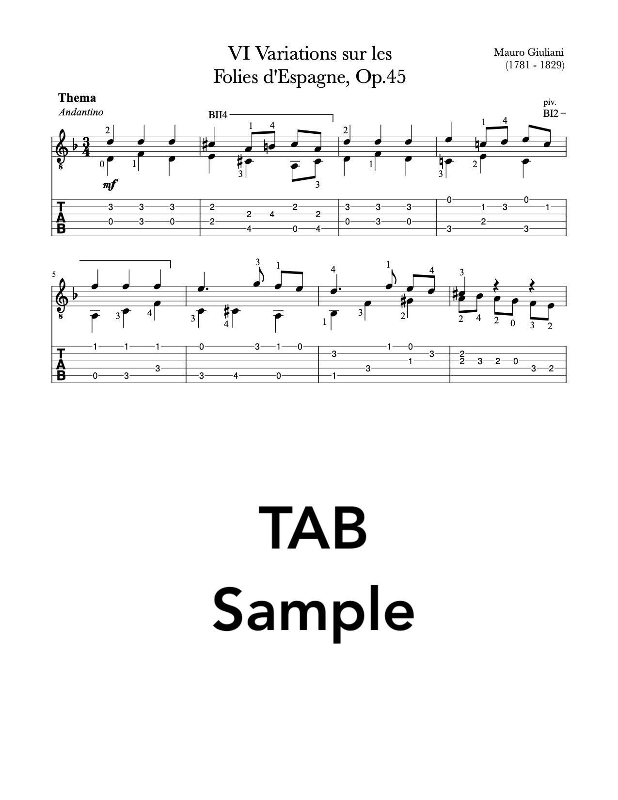 VI Variations sur les Folies d'Espagne, Op.45 by Giuliani for Guitar (TAB Sample)