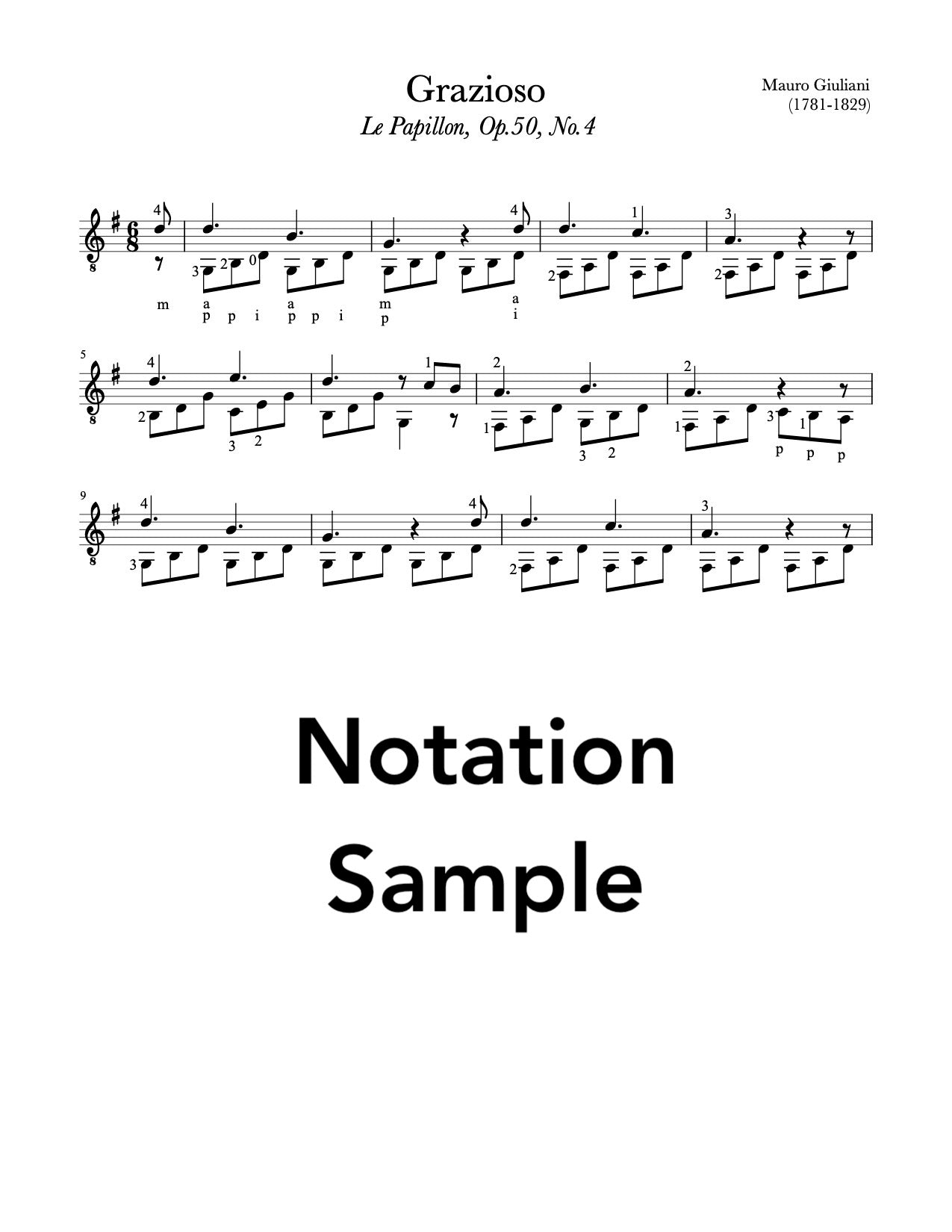 Le Papillon, Op. 50 by Mauro Giuliani (Notation Sample)