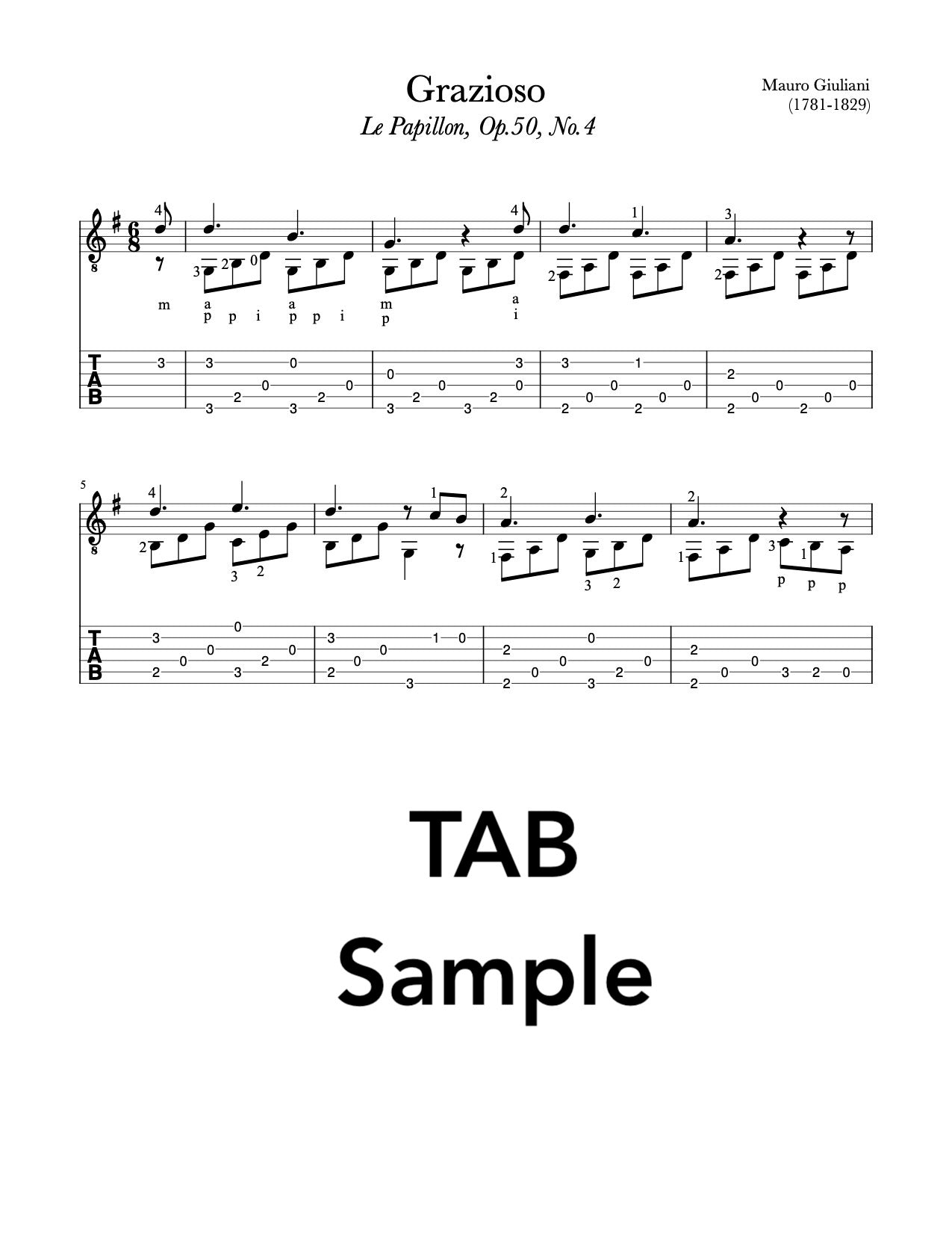 Le Papillon, Op. 50 by Mauro Giuliani (Tab Sample)
