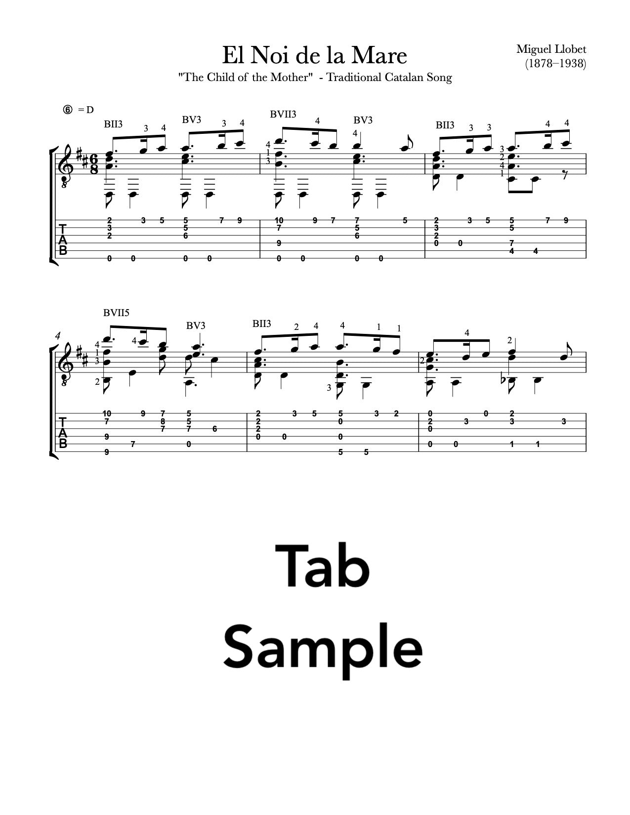 El Noi de la Mare for Guitar by Llobet (TAB Sample)