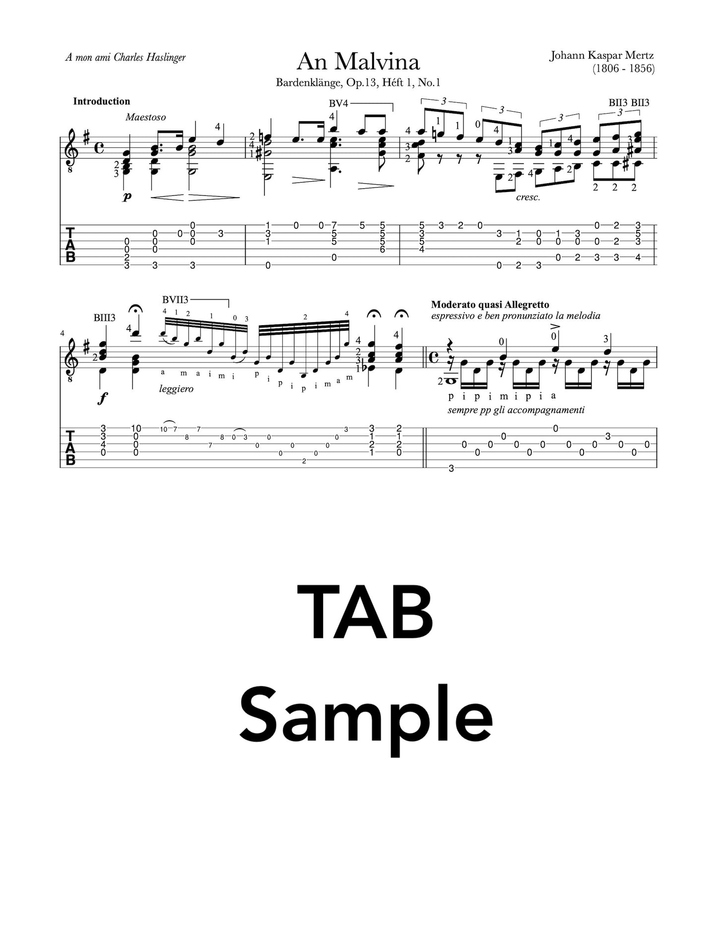An Malvina by Mertz for Guitar (TAB Sample)
