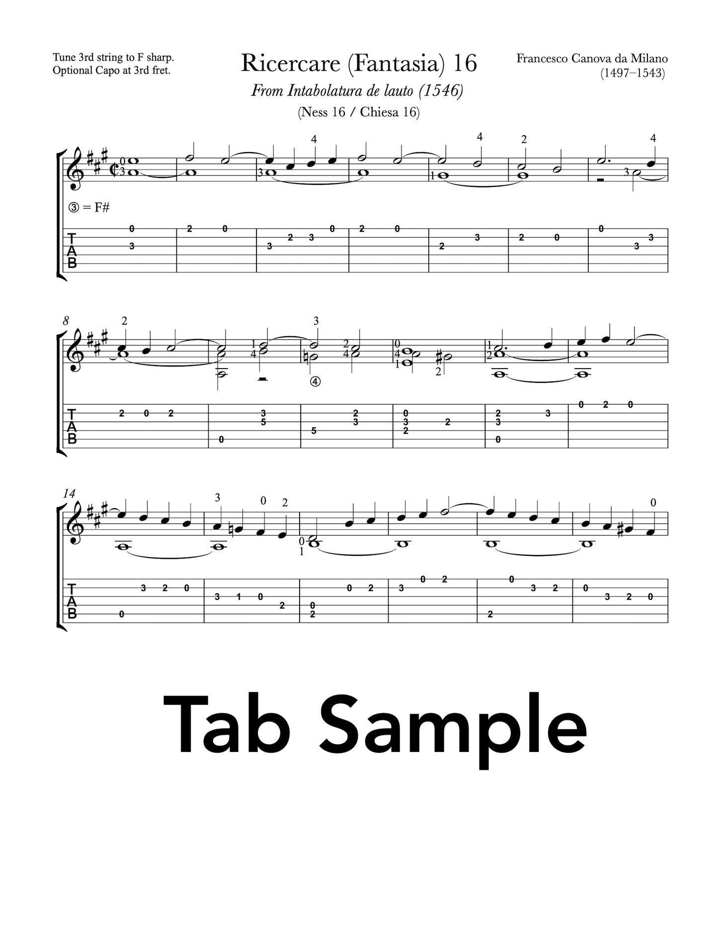 Ricercare (Fantasia) 16 by Francesco da Milano (Tab Sample)