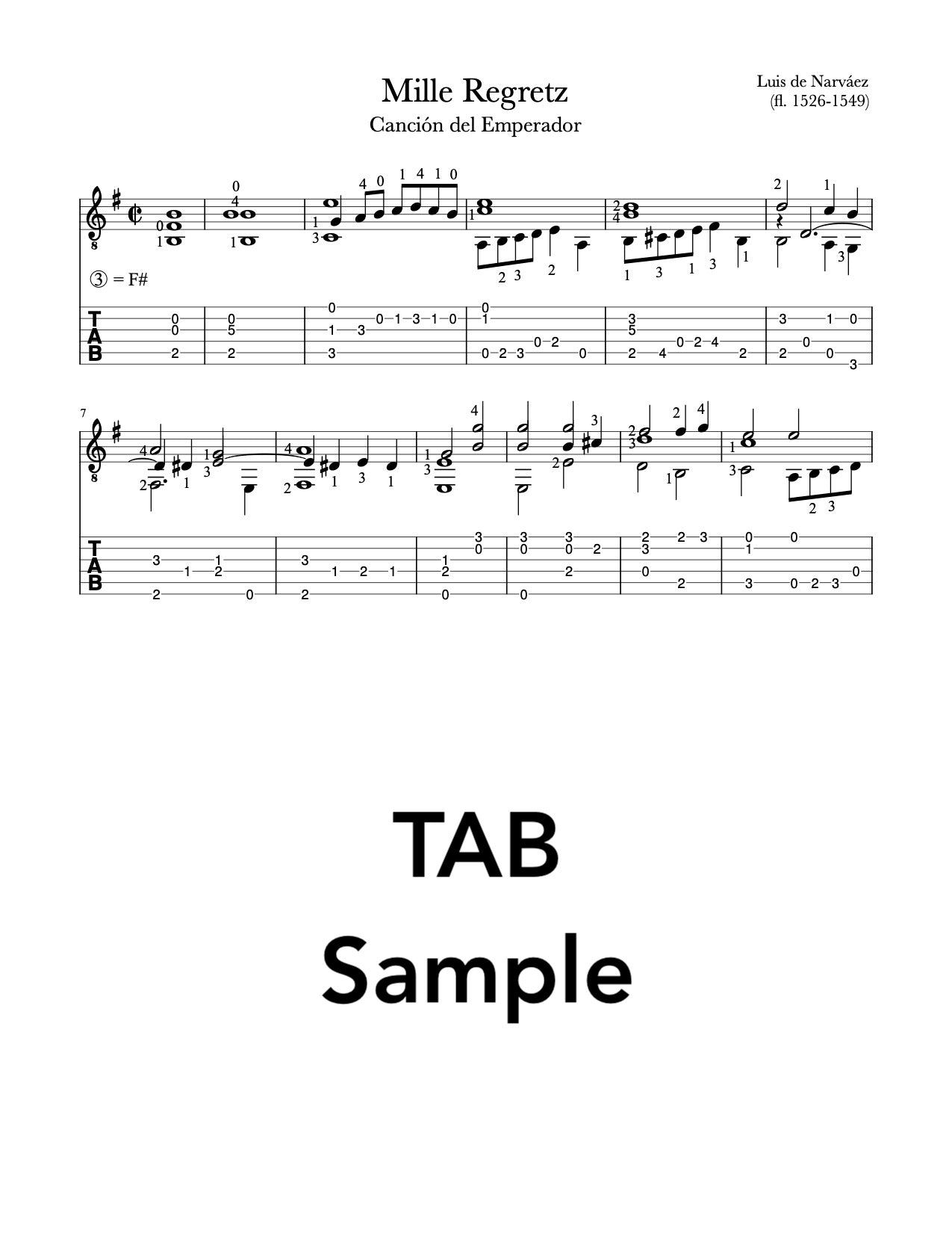 Mille Regretz (Canción del Emperador) by Narváez for Guitar (Tab Sample)