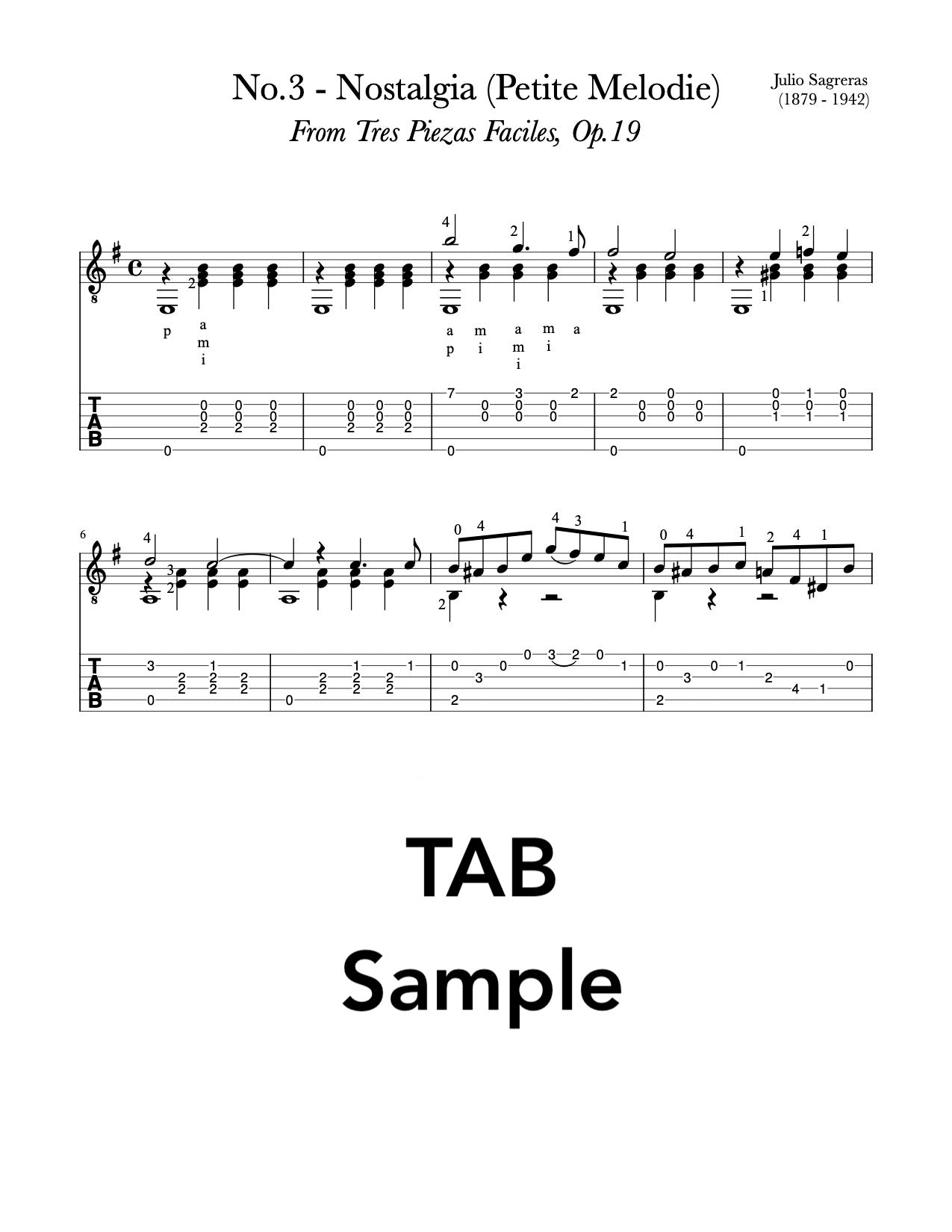 Nostalgia, No.3, Op.19 by Sagreras (TAB Sample)