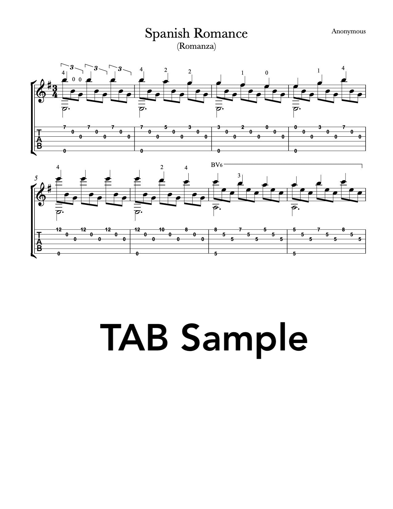 Spanish Romance for Guitar - Tab Sample