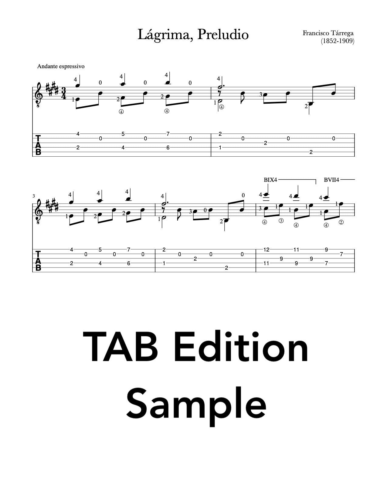 Lágrima, Preludio by Francisco Tárrega - PDF TAB Sample