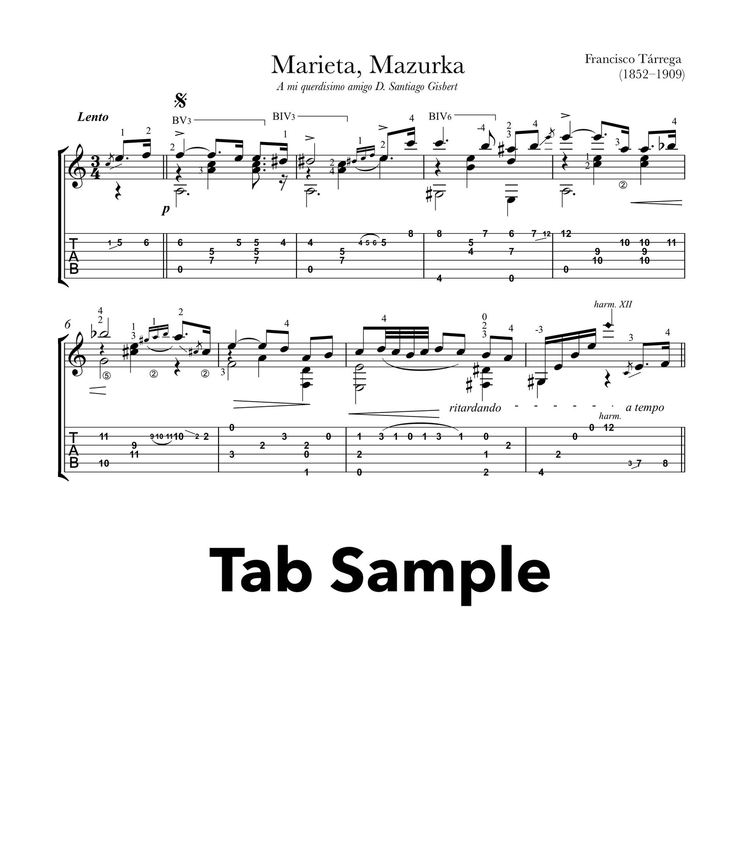 Marieta, Mazurka by Tarrega (Tab Sample)