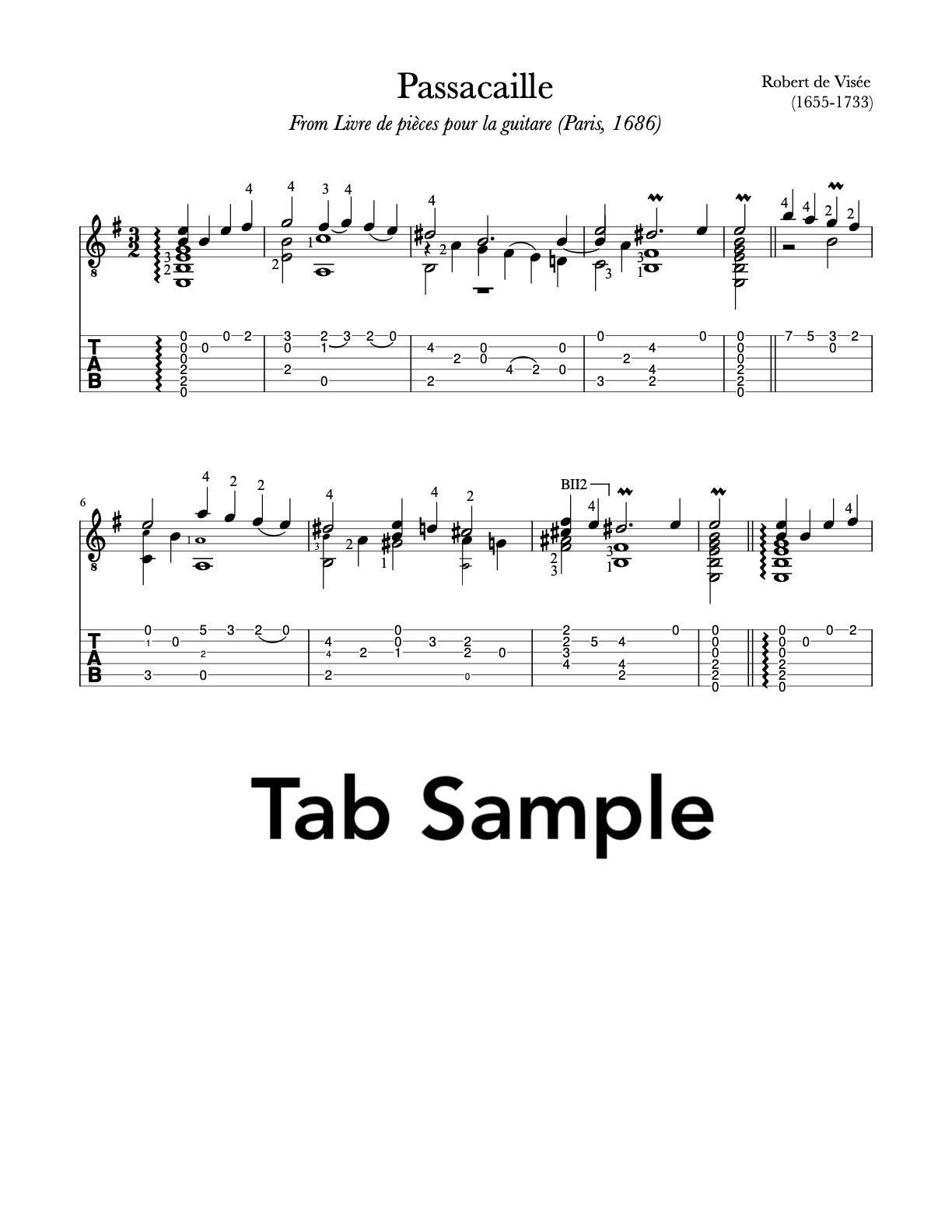 Passacaille by Robert de Visée (Tab Sample)