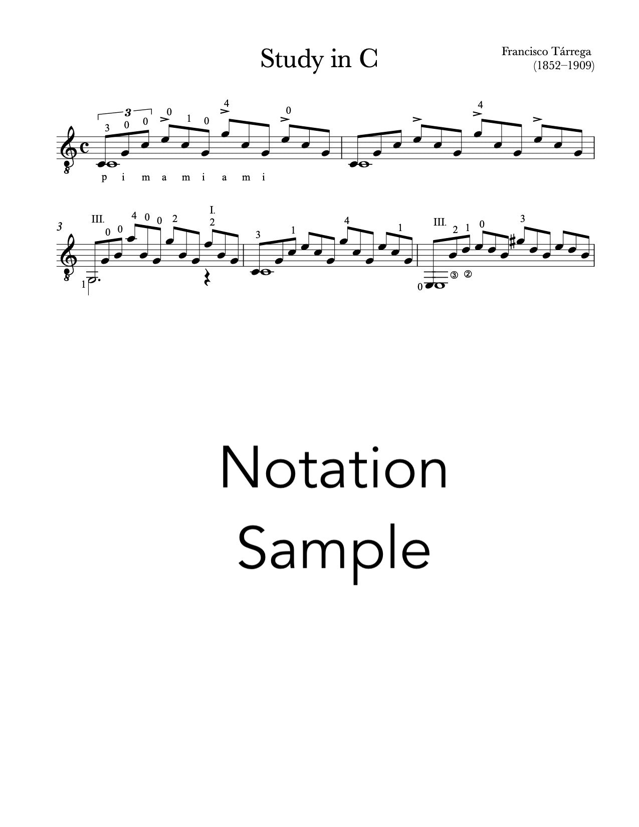 Study in C by Francisco Tárrega - Notation Sample