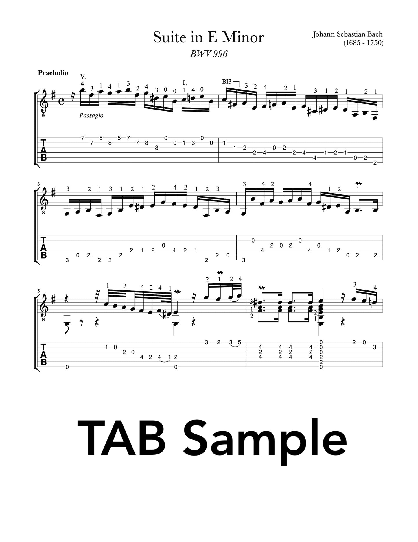 Lute Suite in E Minor BWV 996 by Bach for Classical Guitar (Tab Sample)