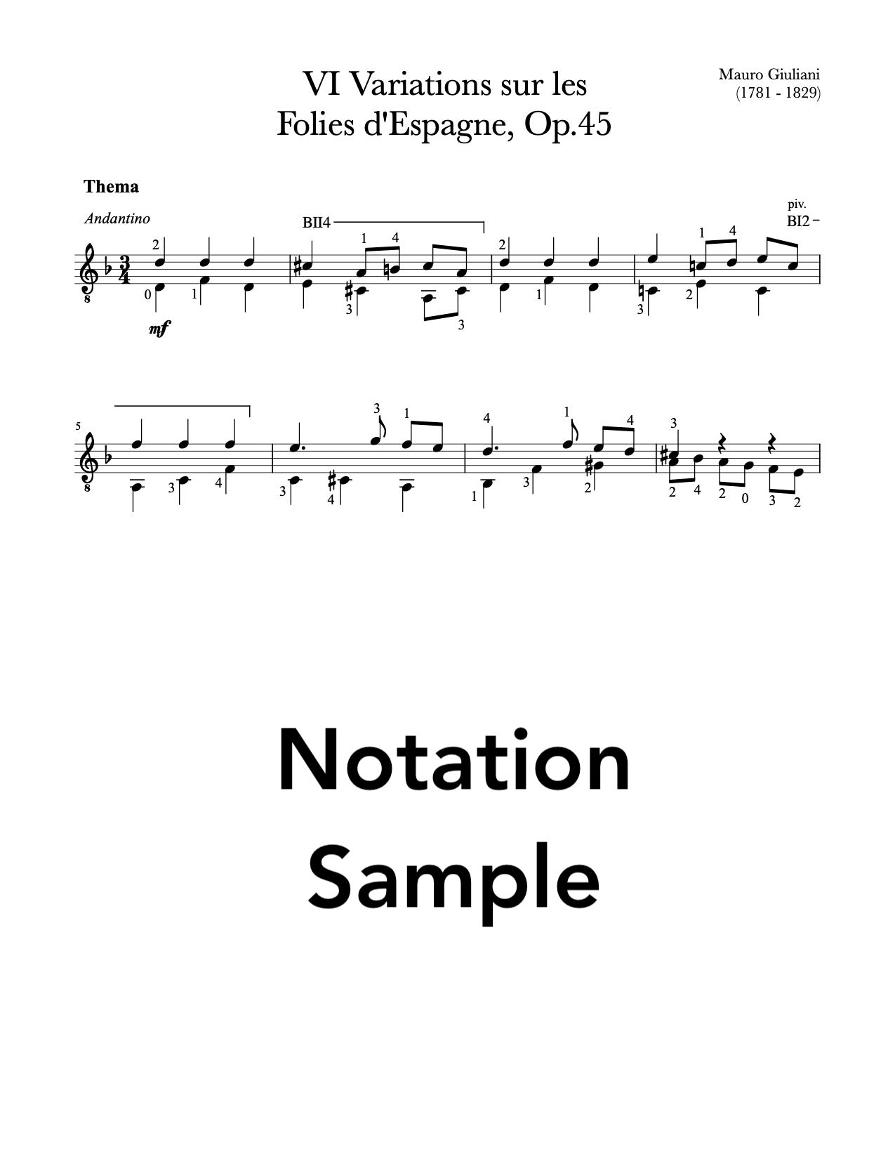 VI Variations sur les Folies d'Espagne, Op.45 by Giuliani for Guitar (Notation Sample)