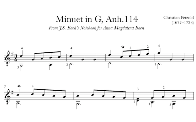 Minuet in G, Anh. 114 by Petzold / Bach for Guitar (PDF)