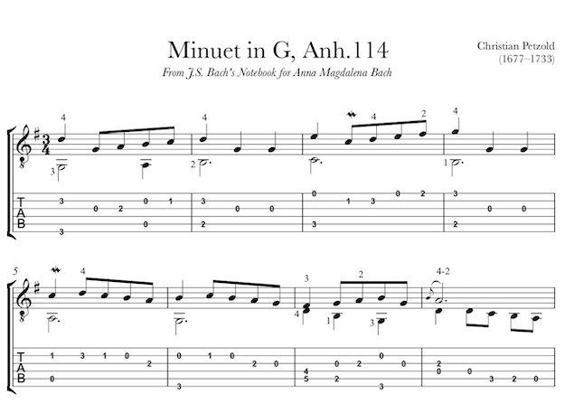 Minuet in G, Anh. 114 by Petzold / Bach for Guitar TAB (PDF)