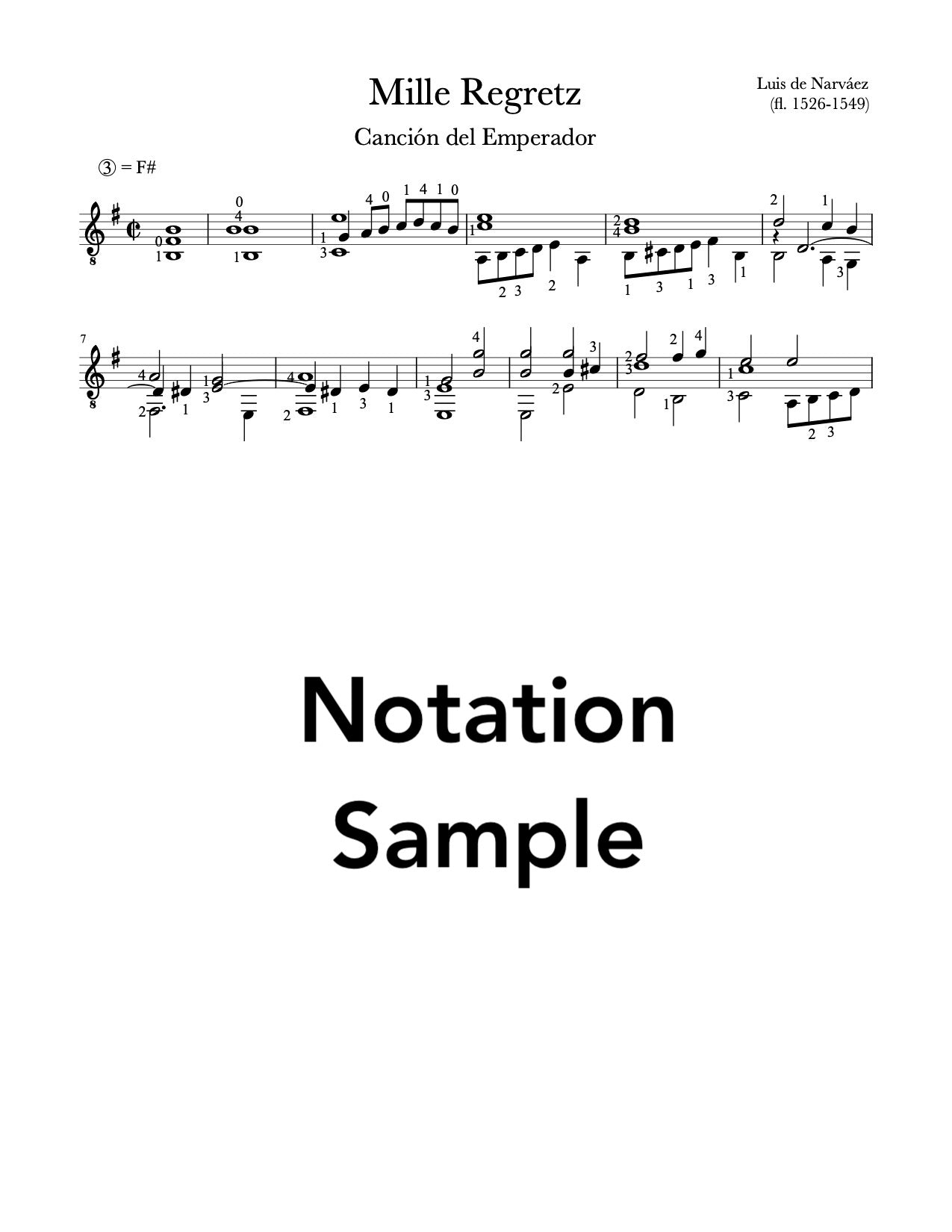 Mille Regretz (Canción del Emperador) by Narváez for Guitar (Notation Sample)