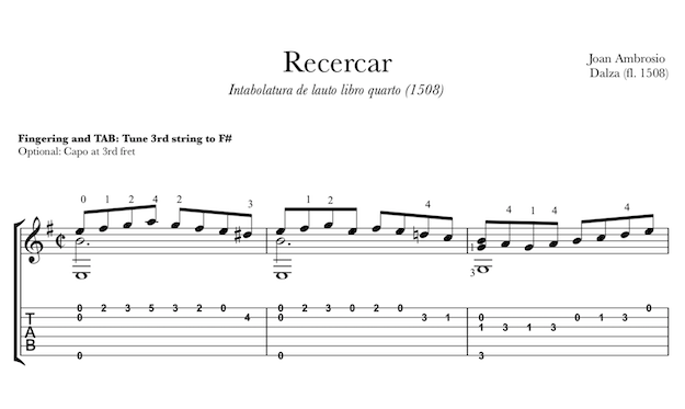 Recercar by Joan Ambrosio Dalza (Free PDF and Tab)