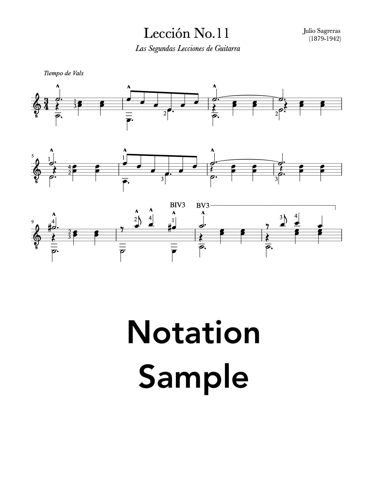 Lección No.11, Book 2 by Sagreras (Notation Sample)