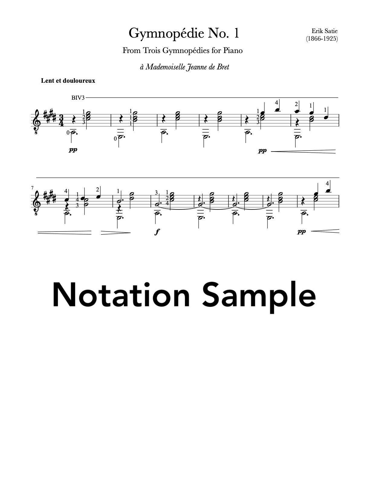 Gymnopédie No. 1 by Erik Satie for classical guitar. Sheet Music Sample.