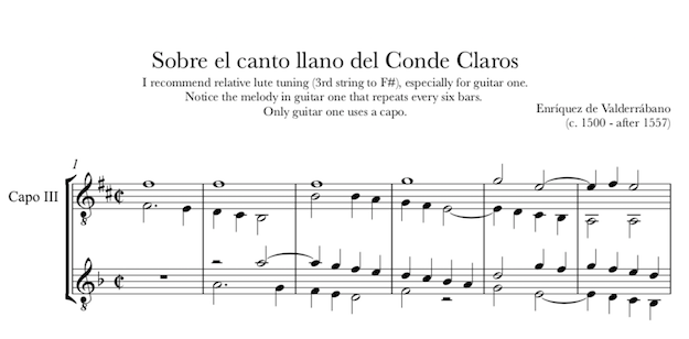 Sobre el canto llano del Conde Claros by Valderrábano - Guitar Duet (PDF)